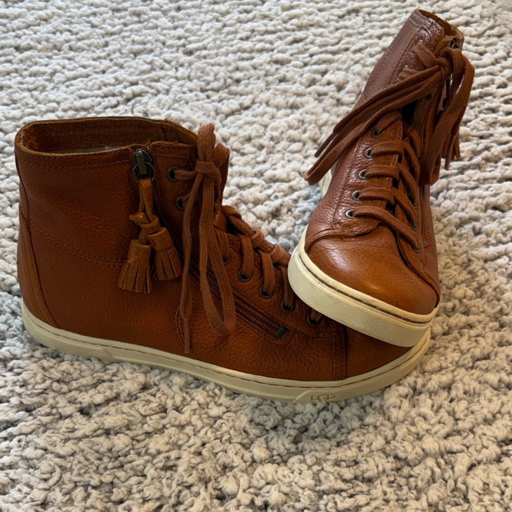 UGG Tan/Brown Leather High-Top Sneakers with Tassels